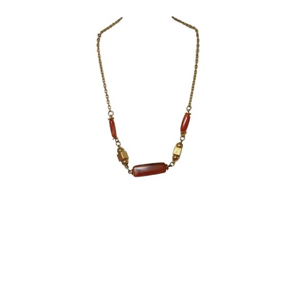 Amber Gold Tone Short Choker Necklace Gold Square & Round Beads Vintage RARE - Picture 9 of 13